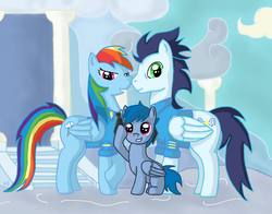 Size: 828x650 | Tagged: safe, artist:ajfive, rainbow dash, soarin', oc, g4, family, female, male, offspring, parent:rainbow dash, parent:soarin', parents:soarindash, ship:soarindash, shipping, straight