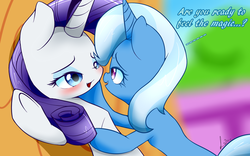 Size: 1280x800 | Tagged: safe, artist:isle-of-forgotten-dreams, rarity, trixie, g4, bedroom eyes, blushing, female, lesbian, rarixie, shipping, underhoof