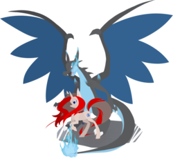 Size: 1024x936 | Tagged: safe, artist:djman12545, oc, charizard, pony, unicorn, crossover, male, mega charizard x, mega evolution, mic the microphone, pokémon, pokémon x and y, stallion