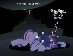 Size: 690x524 | Tagged: safe, artist:brutamod, applejack, twilight sparkle, pony, unicorn, g4, ask-flutterschiavo, circling stars, faceplant, female, mare, stairs