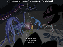 Size: 897x665 | Tagged: safe, artist:brutamod, applejack, twilight sparkle, ammonite, brachiosaurus, dimetrodon, dinosaur, earth pony, pony, pteranodon, stegosaurus, triceratops, tyrannosaurus rex, unicorn, utahraptor, g4, apatosaurus, ask-flutterschiavo, camarasaurus, diplodocus, iguanodon, meganeura, skeleton, synapsid