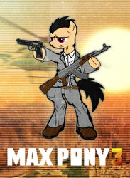 Size: 606x830 | Tagged: safe, artist:jarredspekter, pony, ak-47, akm, beretta, bipedal, clothes, crossover, gun, hoof hold, injured, male, max payne, max payne 3, pants, pistol, ponified, rifle, shoes, solo, stallion, suit, sun, weapon