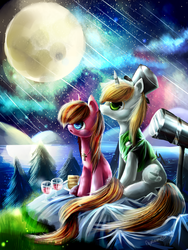 Size: 3000x4000 | Tagged: safe, artist:aquagalaxy, oc, oc only, pony, cross, drink, female, glass, hat, male, mare, moon, necklace, night, space, stallion, stargazing, telescope, top hat