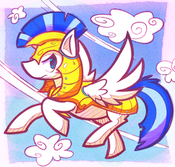 Size: 900x861 | Tagged: safe, artist:mister-markers, pegasus, pony, armor, cloud, cloudy, day, flying, looking back, male, royal guard, sky, solo, stallion