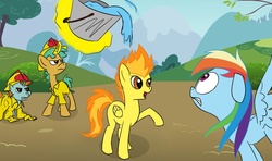 Size: 1194x709 | Tagged: safe, artist:rubrony, rainbow dash, snails, snips, spitfire, g4, bucket, clothes, magic, water