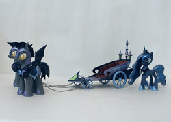 Size: 1400x1000 | Tagged: safe, artist:groovebird, echo (g4), nocturn, princess luna, bat pony, pony, g4, chariot, customized toy, echo and nocturn, figure, guards, luna's chariot, night guard, royal guard, sculpture