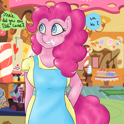 Size: 4000x4000 | Tagged: safe, artist:lisa400, pinkie pie, earth pony, anthro, g4, blatant lies, cheek fluff, female, offscreen character, solo, sugarcube corner