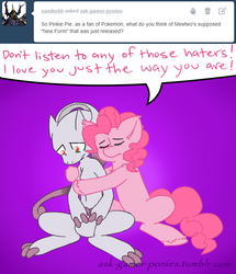 Size: 636x740 | Tagged: safe, artist:maniacalmelody, pinkie pie, mewtwo, g4, comforting, crossover, crying, hug, mega evolution, mega mewtwo y, pokémon, pokémon x and y, pokémon: genesect and the legend awakened, sad, text, tumblr