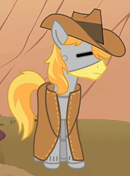 Size: 738x1002 | Tagged: safe, artist:totallynotabronyfim, braeburn, cyborg, g4, clothes, coat, hat, male, robocop, solo