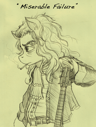 Size: 600x789 | Tagged: safe, artist:derp-my-life, oc, oc only, earth pony, pony, bad pun, belt, cigarette, clothes, guitar, jabot, messy mane, miserable failure, musical instrument, musician, pants, rocker, sketch, smoking, solo, traditional art, underhoof, unshorn fetlocks