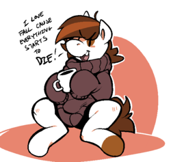 Size: 577x547 | Tagged: safe, artist:mangneto, pipsqueak, g4, autumn, baby bowser, clothes, coffee, cup, dialogue, drink, male, paper mario, pixel-crisp art, solo, sweater