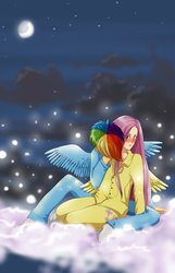 Size: 800x1245 | Tagged: safe, artist:seismopac, fluttershy, rainbow dash, human, g4, blushing, duo, female, humanized, lesbian, ship:flutterdash, shipping, winged humanization