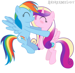 Size: 3253x3132 | Tagged: safe, artist:andreamelody, princess cadance, rainbow dash, g4, age regression, blushing, cadash, female, happy, lesbian, shipping, simple background, transparent background, vector
