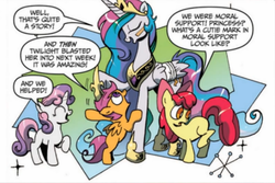 Size: 530x354 | Tagged: safe, idw, official comic, apple bloom, princess celestia, scootaloo, sweetie belle, alicorn, earth pony, pegasus, pony, unicorn, g4, the return of queen chrysalis, spoiler:comic, spoiler:comic04, abstract background, blank flank, cute, cutealoo, cutie mark crusaders, dialogue, eyes closed, female, filly, mare, momlestia, scootalove, speech bubble