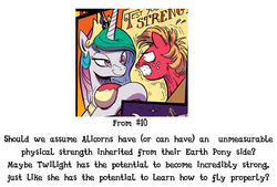 Size: 864x585 | Tagged: safe, idw, big macintosh, princess celestia, g4, zen and the art of gazebo repair, hoofwrestle, speculation, strength, text