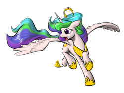 Size: 1600x1200 | Tagged: safe, artist:nadnerbd, princess celestia, alicorn, pony, g4, crown, female, hoof shoes, jewelry, long tail, mare, open mouth, peytral, princess shoes, raised hoof, raised leg, regalia, running, simple background, slender, solo, spread wings, tail, thin, transparent background, windswept tail, wings