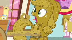 Size: 640x355 | Tagged: safe, screencap, applejack, apple family reunion, g4, cart, female, luster dust, meme, open mouth, solo, sparkles, tongue out, wide eyes, window, youtube caption