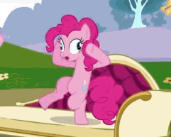 Size: 241x193 | Tagged: safe, screencap, pinkie pie, butterfly, earth pony, pony, g4, season 3, too many pinkie pies, animated, animated screencap, belly, bipedal, couch, cropped, derp, dizzy, female, loop, mare, solo, spinning eyes, standing, standing on one leg, tree