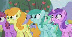 Size: 400x205 | Tagged: safe, edit, edited screencap, screencap, amethyst star, berry punch, berryshine, carrot top, cherry berry, cloud kicker, golden harvest, lyra heartstrings, rainbow dash, sparkler, spring melody, sprinkle medley, earth pony, pegasus, pony, unicorn, g4, the super speedy cider squeezy 6000, animated, cider dash, female, loop, tongue out
