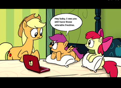 Size: 1022x742 | Tagged: safe, artist:fimflamfilosophy, apple bloom, applejack, scootaloo, fanfic:bittersweet, rainbow dash presents, g4, bed, computer, female, laptop computer, lesbian, scootajack, sexual deviant, shipping