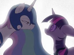 Size: 2500x1875 | Tagged: safe, artist:xtux345, nightmare moon, princess celestia, twilight sparkle, alicorn, pony, g4, backlighting, bedroom eyes, corrupted, eye contact, fanfic, fanfic art, female, floppy ears, lesbian, looking at each other, looking at someone, mind control, nightmarified, ship:twilestia, smiling, twilight revised, wide eyes