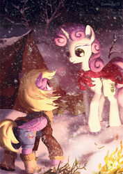 Size: 601x851 | Tagged: safe, artist:cannibalus, sweetie belle, oc, oc:dazzling "dodo" dusk, pegasus, pony, robot, unicorn, fallout equestria, fallout equestria: the fossil, g4, boots, butt, clothes, female, hooves, horn, jacket, mare, older, plot, shorts, snow, snowfall, sweetie bot, tent, tree, winter