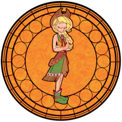 Size: 1600x1600 | Tagged: safe, artist:trinityinyang, applejack, human, g4, clothes, disney, dive to the heart, dress, eyes closed, female, gala dress, humanized, kingdom hearts, solo, stained glass