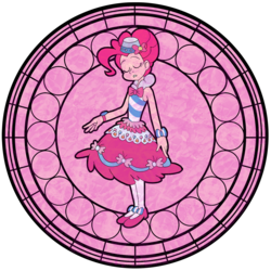 Size: 1600x1600 | Tagged: safe, artist:trinityinyang, pinkie pie, human, g4, clothes, dignified wear, disney, dive to the heart, dress, female, gala dress, humanized, kingdom hearts, solo, stained glass
