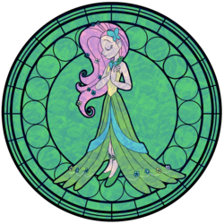 Size: 1600x1600 | Tagged: safe, artist:trinityinyang, fluttershy, human, g4, clothes, disney, dive to the heart, dress, female, gala dress, humanized, kingdom hearts, solo, stained glass