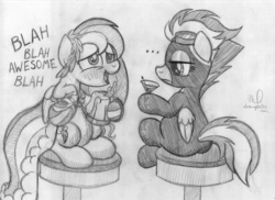 Size: 3300x2406 | Tagged: safe, artist:drawponies, rainbow dash, spitfire, g4, ..., awesome, blah, bored, cider, clothes, dress, drunk, drunker dash, gala dress, martini, monochrome, traditional art, unimpressed