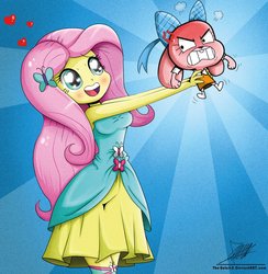 Size: 882x905 | Tagged: safe, artist:the-butch-x, fluttershy, human, rabbit, anthro, equestria girls, g4, anais watterson, angry, animal, bare shoulders, blushing, clothes, crossover, dress, duo, duo female, fall formal outfits, female, heart, heart eyes, human female, sleeveless, strapless, sunburst background, the amazing world of gumball, this will end in a beating, this will end in tears, wingding eyes