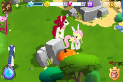 Size: 960x640 | Tagged: safe, gameloft, bon bon, cherry jubilee, fluttershy, sweetie drops, g4, bunny costume, bunnyshy, clothes, costume, cute, diabetes, nightmare night