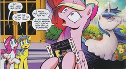 Size: 1990x1093 | Tagged: safe, artist:andypriceart, idw, official comic, diamond rose, lemony gem, princess cadance, shining armor, alicorn, pegasus, pony, unicorn, g4, neigh anything, spoiler:comic, spoiler:comic12, album cover, background pony, female, magenta rain, male, mare, ponified, ponified album cover, ponytail, prance and the revolution, prince (musician), prince and the revolution, purple rain, record, stallion, thought bubble