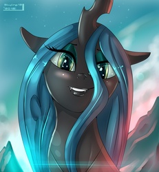 Size: 2521x2726 | Tagged: dead source, safe, artist:skyart301, queen chrysalis, changeling, changeling queen, g4, beautiful, bedroom eyes, blushing, cute, cutealis, eyeshadow, female, horn, looking at you, makeup, portrait, smiling, solo