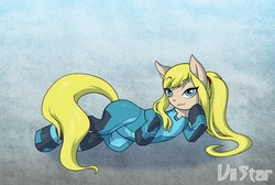 Size: 987x663 | Tagged: safe, artist:viistar, pony, metroid, nintendo, ponified, ponytail, samus aran, solo, zero suit