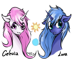 Size: 570x488 | Tagged: safe, artist:tarian, princess celestia, princess luna, g4, bust, pink-mane celestia, younger