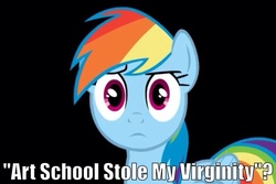 Size: 960x640 | Tagged: safe, rainbow dash, g4, confused, female, frown, image macro, raised eyebrow, solo