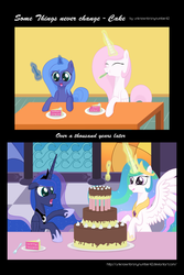 Size: 1024x1536 | Tagged: safe, artist:unknownbronynumber42, princess celestia, princess luna, g4, cake, cakelestia, filly, woona