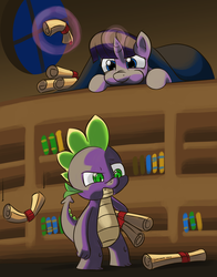 Size: 3728x4744 | Tagged: safe, artist:dimfann, spike, twilight sparkle, g4, cleaning, magic, prank, scroll