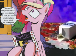 Size: 1509x1102 | Tagged: safe, idw, official comic, princess cadance, alicorn, pony, friendship is magic #12, g4, my little pony: friendship is magic (idw), neigh anything, spoiler:comic, album cover, exploitable meme, female, mare, meme, milk, ponified, ponified album cover, ponytail, prance and the revolution, prince (musician), prince and the revolution, purple rain, spilled milk, spongebob squarepants, the inner machinations of my mind are an enigma, the secret box, thought bubble