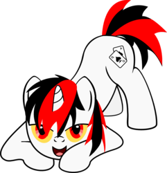 Size: 1037x1077 | Tagged: safe, artist:age3rcm, oc, oc only, oc:blackjack, pony, unicorn, fallout equestria, fallout equestria: project horizons, cutie mark, face down ass up, fanfic, fanfic art, female, hooves, horn, looking at you, mare, open mouth, pounce, show accurate, simple background, solo, transparent background, vector