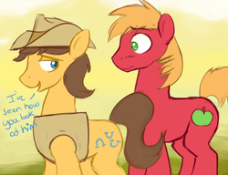 Size: 600x460 | Tagged: dead source, safe, artist:cottonsulk, big macintosh, caramel, earth pony, pony, g4, blushing, duo, gay, hat, looking at each other, looking at someone, male, ship:braemac, ship:caramac, shipping, stallion