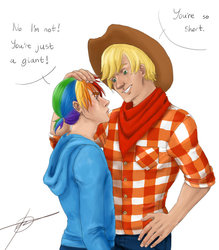 Size: 837x954 | Tagged: safe, artist:melodicmadness, applejack, rainbow dash, human, g4, applejack (male), dialogue, humanized, rainbow blitz, rule 63, size difference