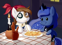 Size: 1920x1392 | Tagged: safe, artist:dstears, pipsqueak, princess luna, earth pony, pony, g4, candle, cute, eating, female, filly, lady and the tramp, luna plushie, male, pipsqueak eating spaghetti, plushie, ship:lunapip, shipping, smiling, solo, spaghetti, spaghetti scene, straight, style emulation, waifu dinner, woona