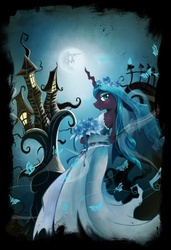 Size: 2550x3737 | Tagged: safe, artist:azurainalis, queen chrysalis, butterfly, changeling, changeling queen, anthro, g4, bouquet, clothes, corpse bride, dress, emily (corpse bride), female, flower, mare in the moon, moon, solo, tim burton, wedding dress