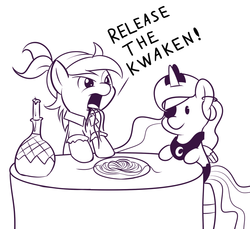 Size: 800x734 | Tagged: safe, artist:dstears, pipsqueak, princess luna, kraken, g4, candle, clash of the titans, cute, female, filly, lineart, luna plushie, male, monochrome, pipsqueak eating spaghetti, pirate, pirate costume, pirates of the caribbean, plushie, release the kraken, ship:lunapip, shipping, spaghetti, straight, style emulation, waifu dinner, woona