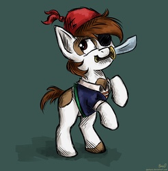 Size: 4920x5000 | Tagged: safe, artist:pponyoo, pipsqueak, earth pony, g4, absurd resolution, bipedal, colt, eyepatch, foal, male, mouth hold, pirate costume, simple background, solo, sword, weapon