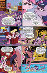 Size: 900x1384 | Tagged: safe, artist:andypriceart, idw, official comic, princess cadance, twilight sparkle, alicorn, elephant, gecko, pony, unicorn, g4, neigh anything, spoiler:comic, spoiler:comic12, armchair, blank flank, bonding, bookshelf, butt bump, butt to butt, butt touch, chair, chart, charts and graphs, cookie, cute, female, filly, fireplace, food, heart, ice cream, idw advertisement, love calculator, maximum overnerd, my tiny gecko, oath, on back, pie chart, preview, quill, soda bottle, sunshine sunshine, twiabetes, twilight being twilight, unicorn twilight, younger