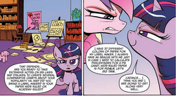 Size: 804x442 | Tagged: safe, artist:andy price, idw, official comic, princess cadance, twilight sparkle, alicorn, elephant, gecko, pony, unicorn, g4, neigh anything, spoiler:comic, spoiler:comic12, adorkable, chart, charts and graphs, comic, cropped, cute, debate in the comments, dork, female, filly, filly twilight sparkle, graph, mare, my tiny gecko, nose to nose, speech bubble, twilight being twilight, unicorn twilight, younger