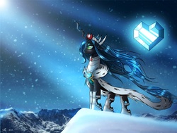 Size: 2640x1991 | Tagged: safe, artist:yula568, queen chrysalis, changeling, changeling queen, g4, armor, clothes, crystal heart, female, snow, snowfall, solo